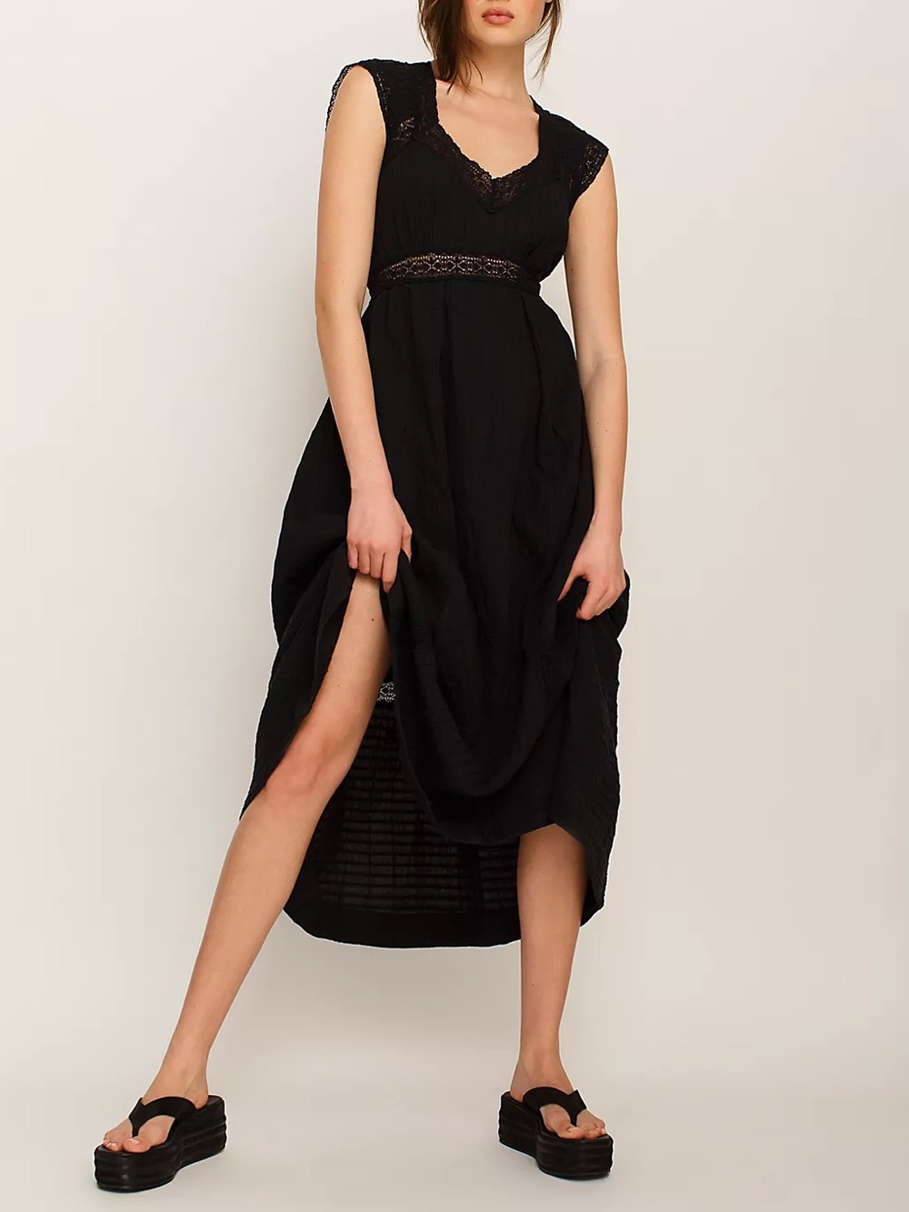 Free People Sweet Annie Black Midi Dress with Lace Trim